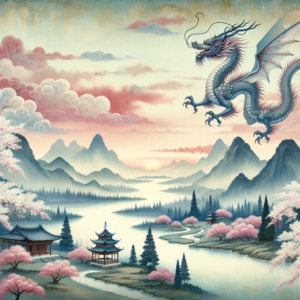 Pastel Dragon Soaring Over Japanese Watercolour Landscape