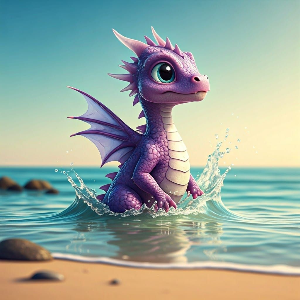 Glass Dragon Frolics on Sunny Beach: Pixar-style 3D Art