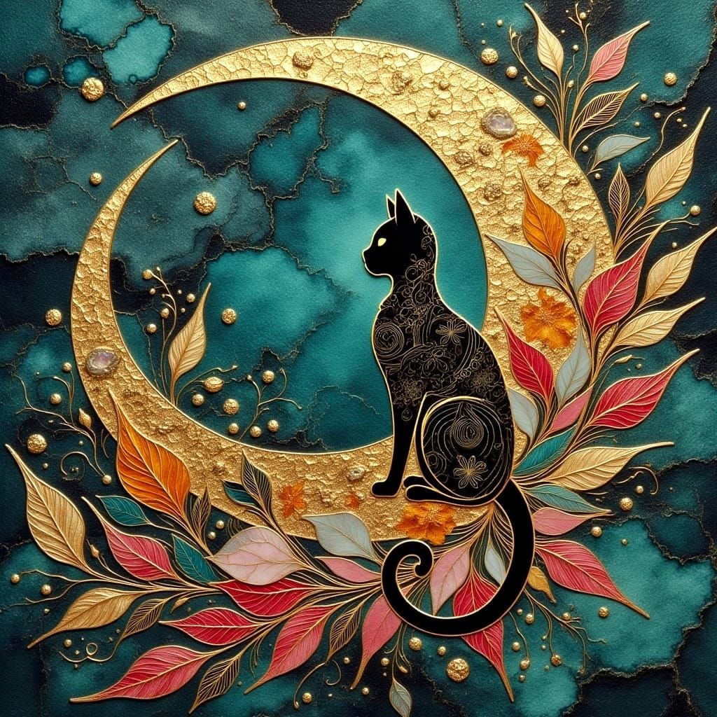 Post-Impressionist Watercolor Cat in a Vibrant Lunar Scene
