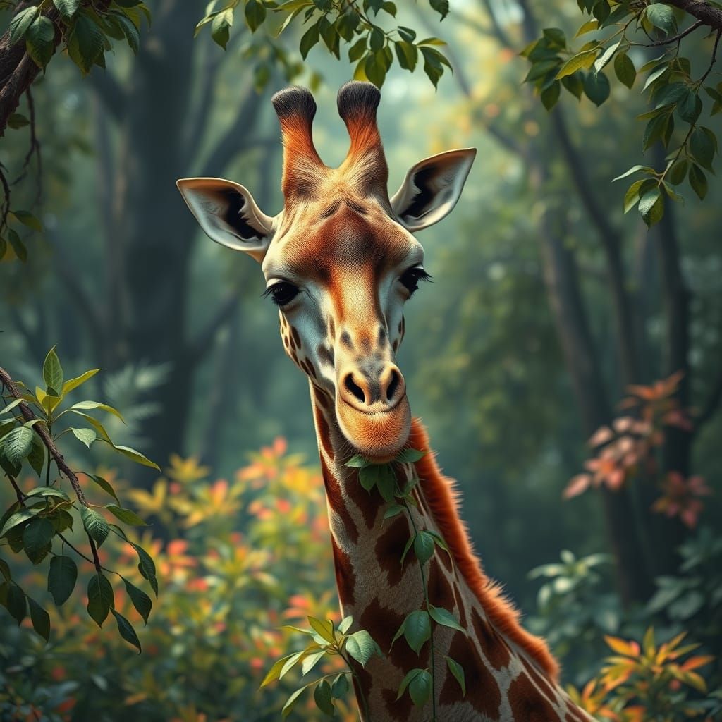 REALISTIC giraffe eating leaves off of a tree.