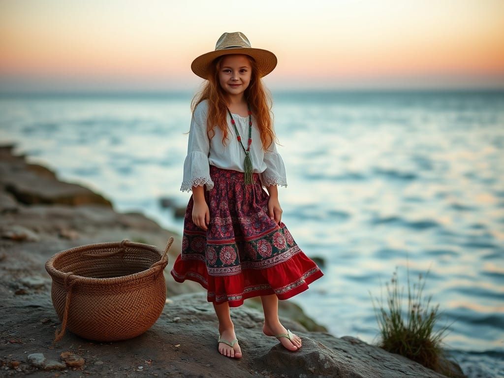 Free-Spirited Bohemian Girl on a Rocky Shore