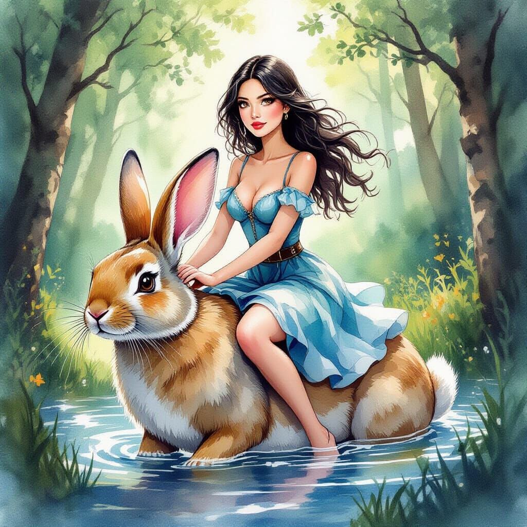 Woman Rides Giant Rabbit Through Woods in Watercolor