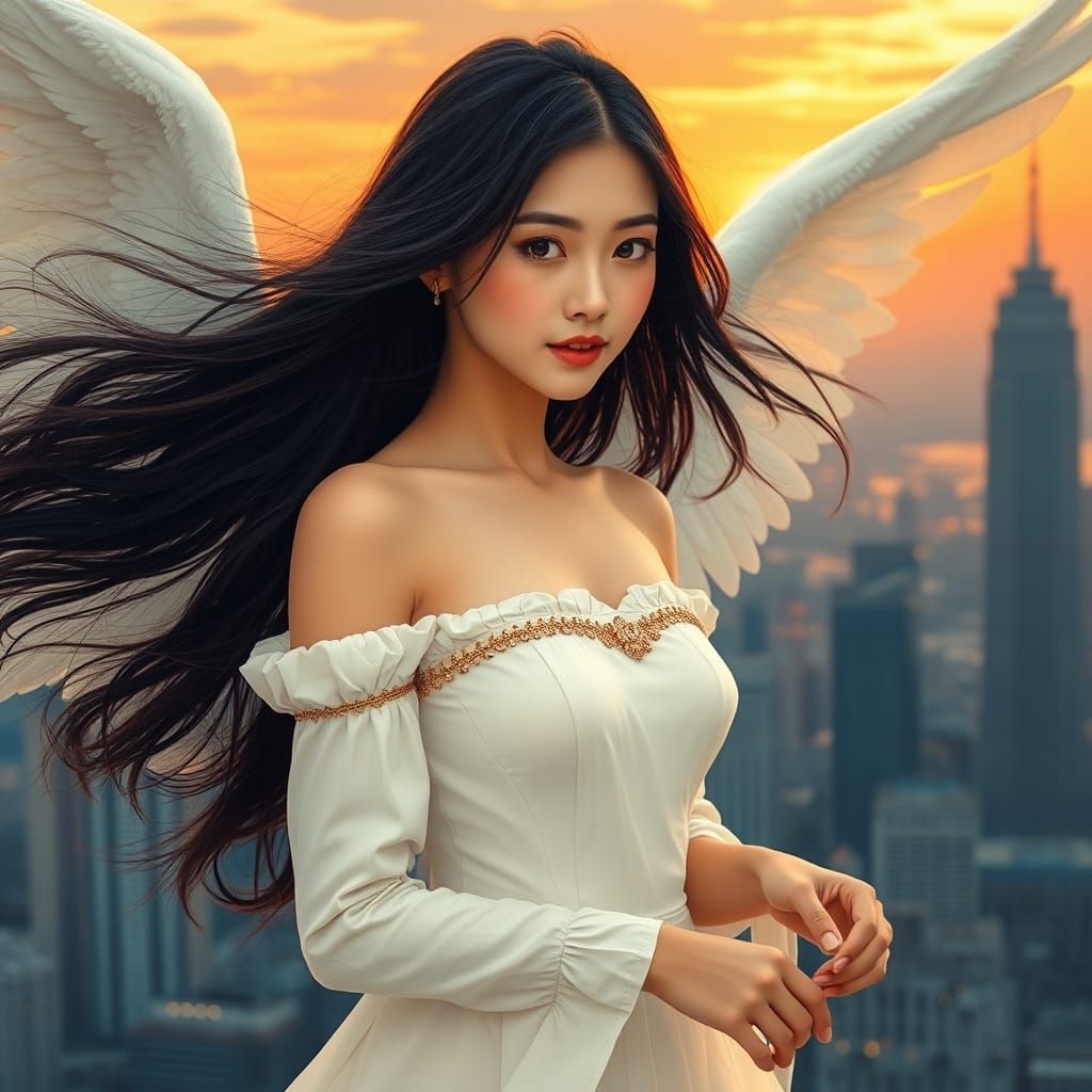 Winged Angel in Urban Sunset, Detailed 8K