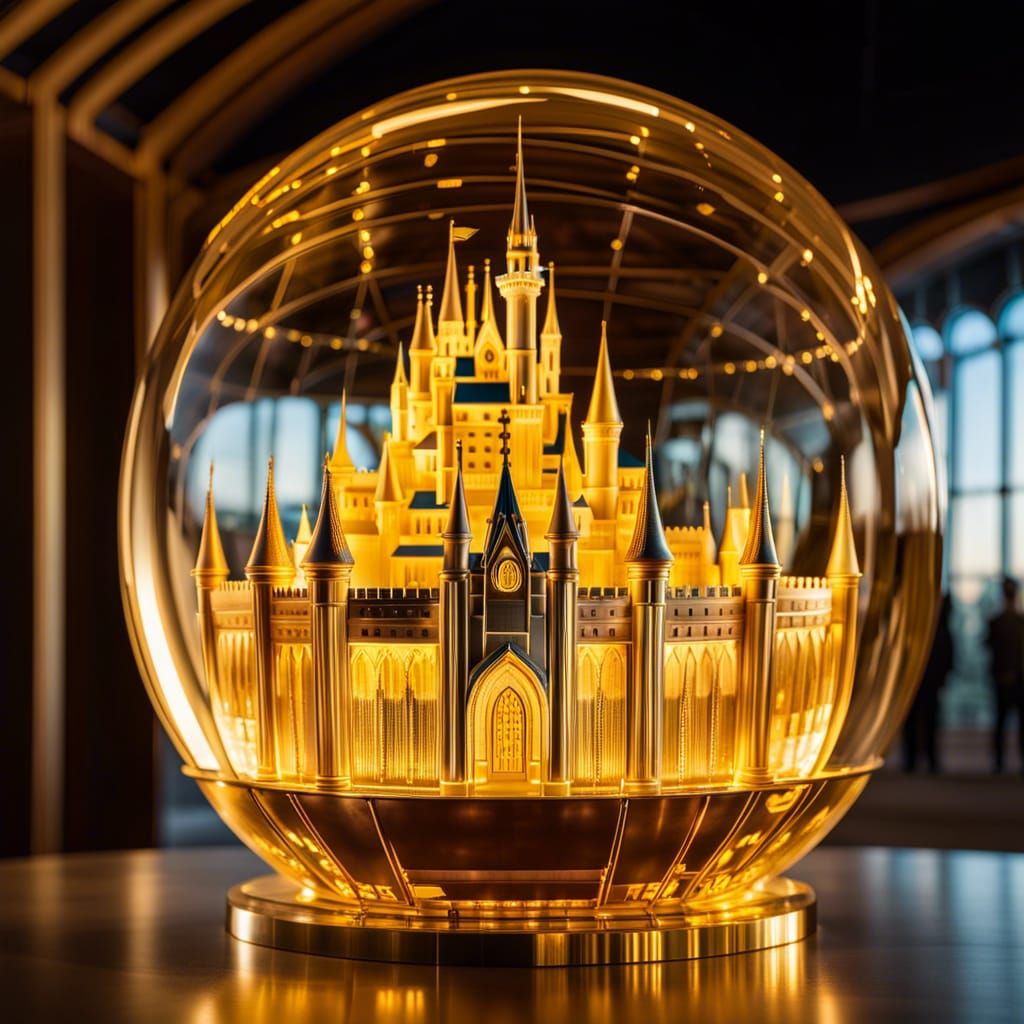Glowing Golden Cinderella's Castle in Glass Sphere