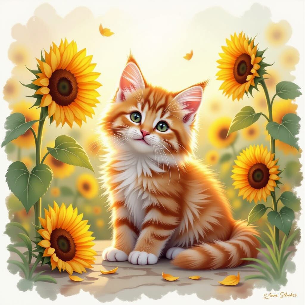 Ginger Kitten with Sunflowers in Disney Style
