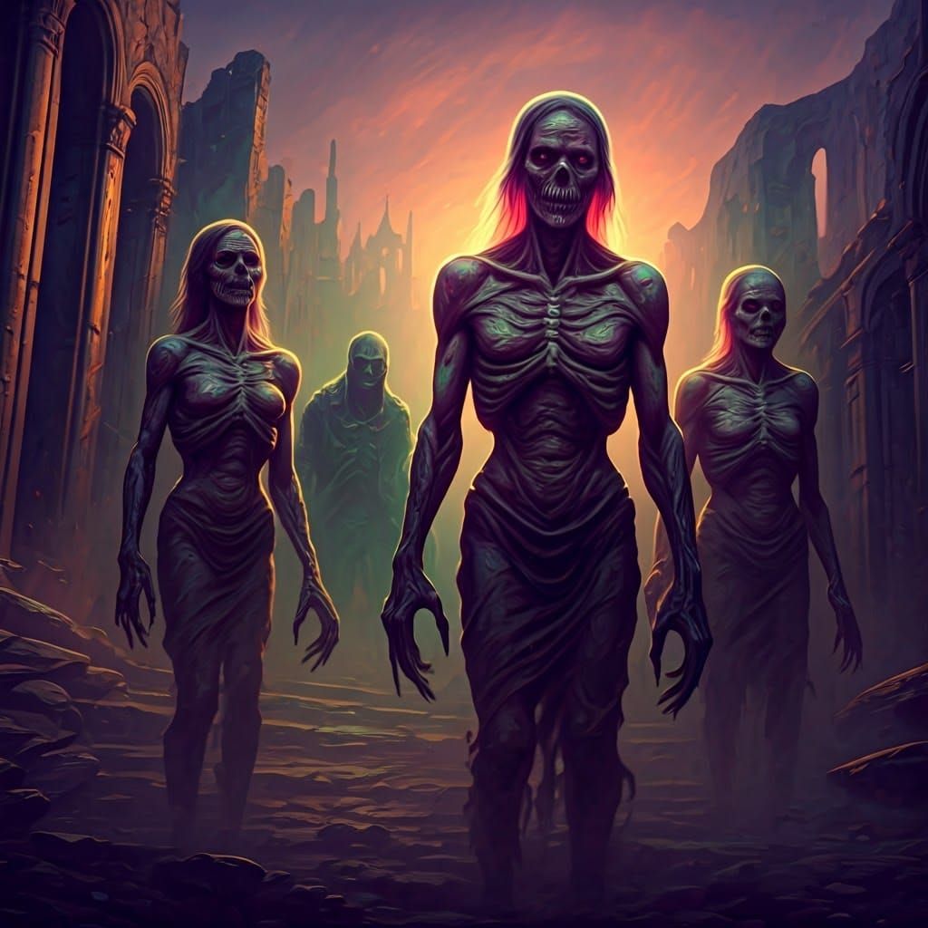 Dark fantasy and macabre demons, ghouls backlit with depth o...