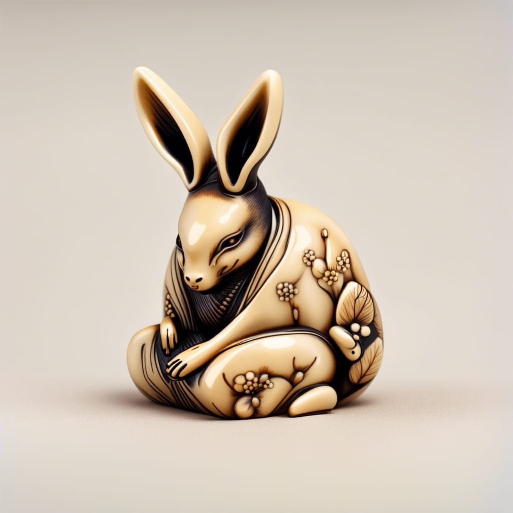 Jackalope Netsuke in Kimono Sitting Seiza