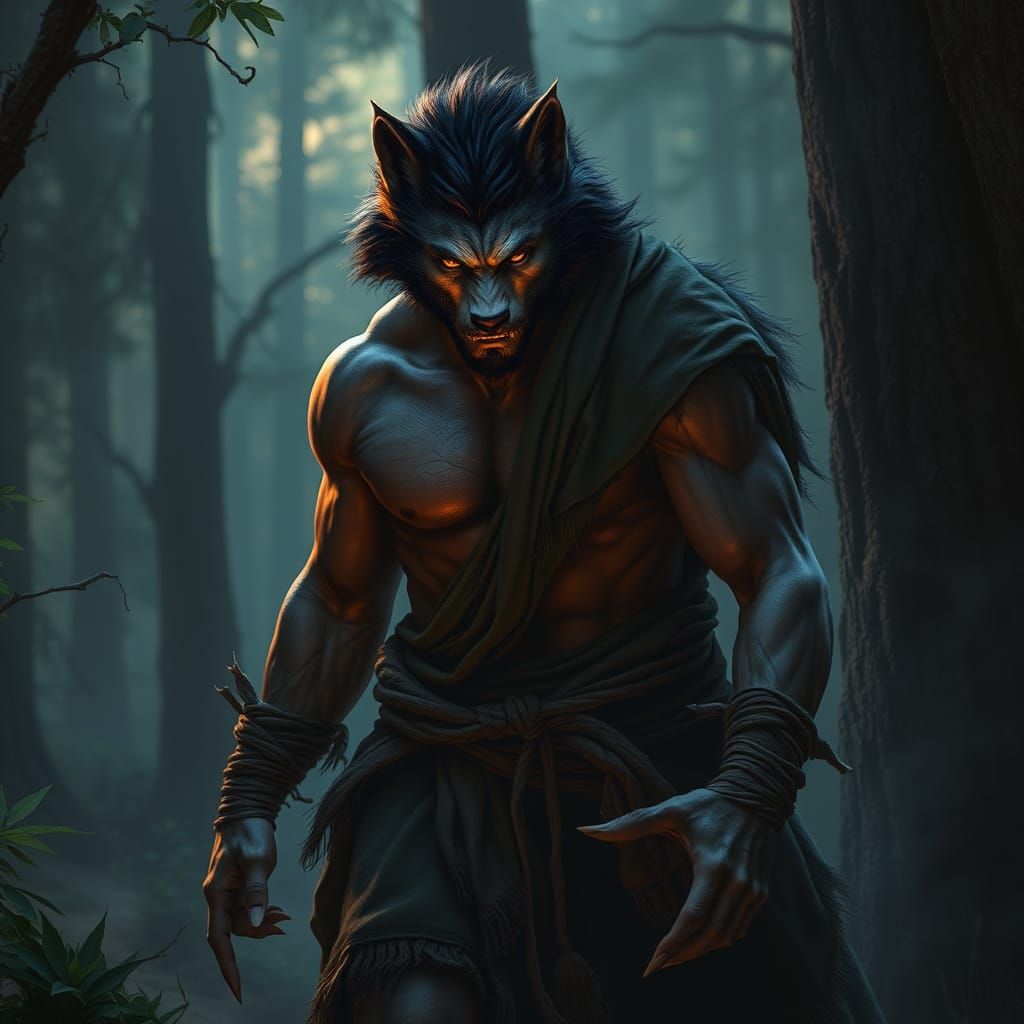Muscular Werewolf Emerging from Shadows