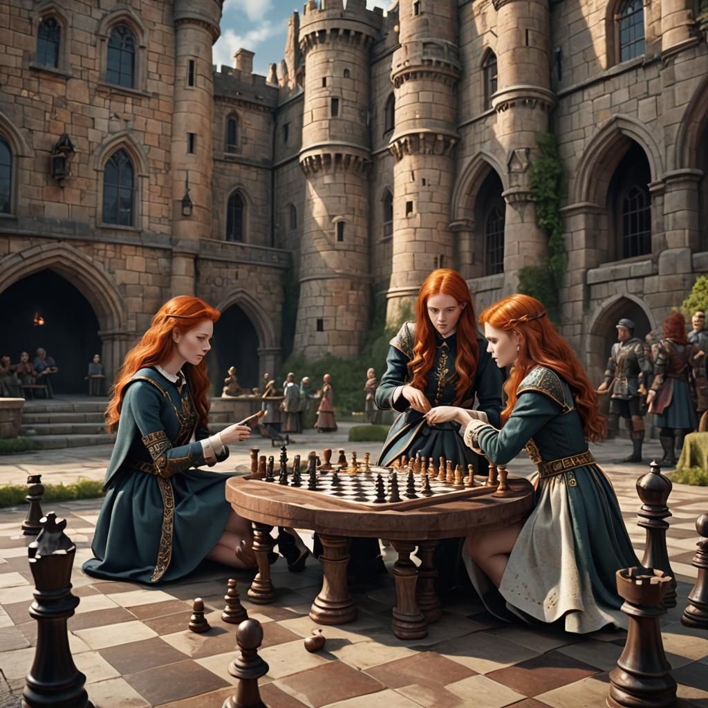 Redheads Play Chess Tournament in Castle: Detailed Matte Pai...