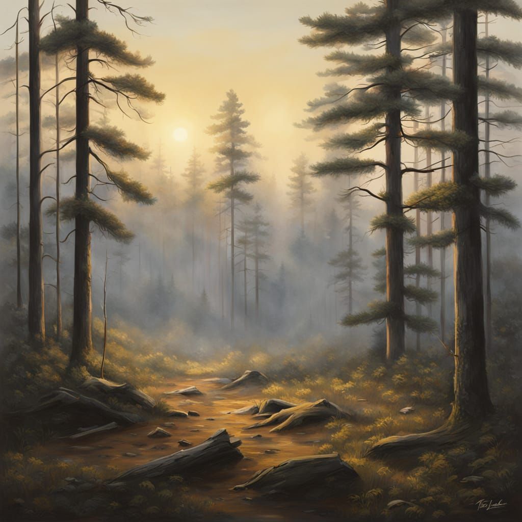 Misty Pine Forest at Dawn with Golden Light