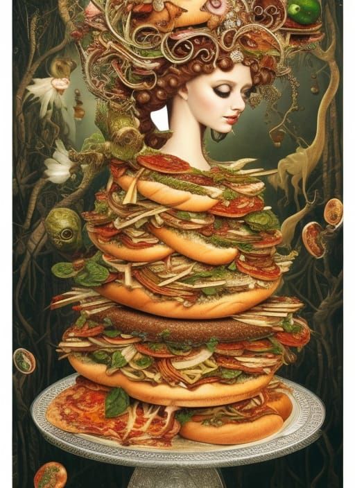 Food Goddess in Surreal Maximalist Landscape