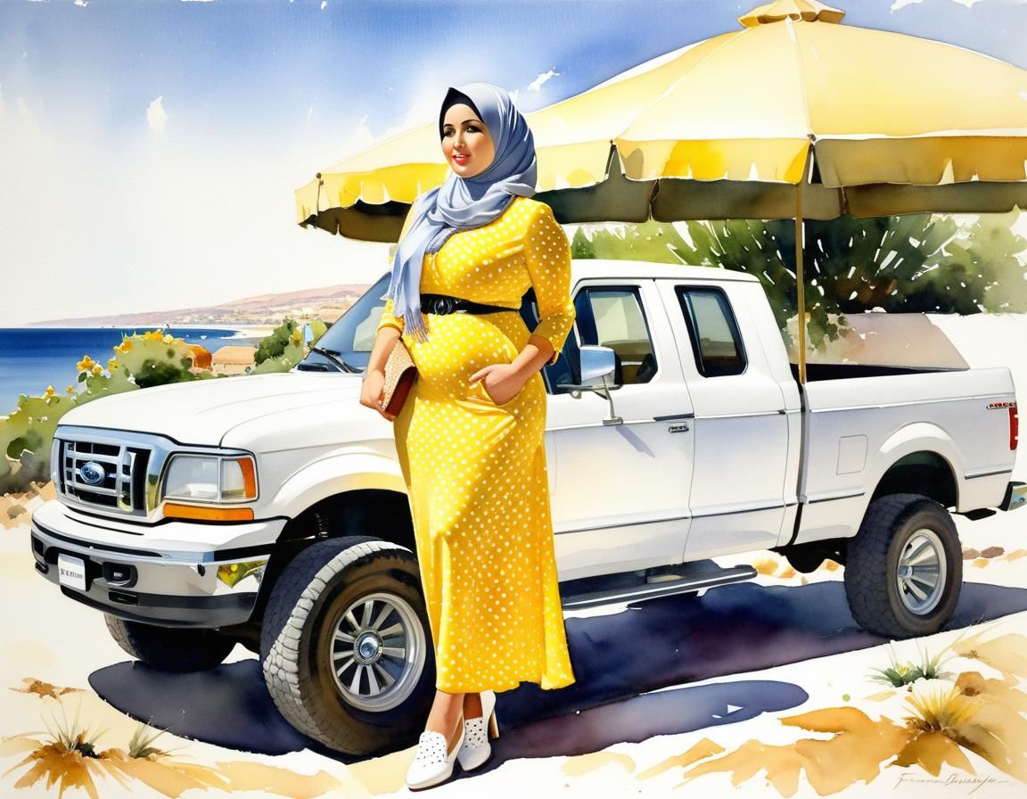 Woman in Hijab Poses by Truck: Watercolor Portrait