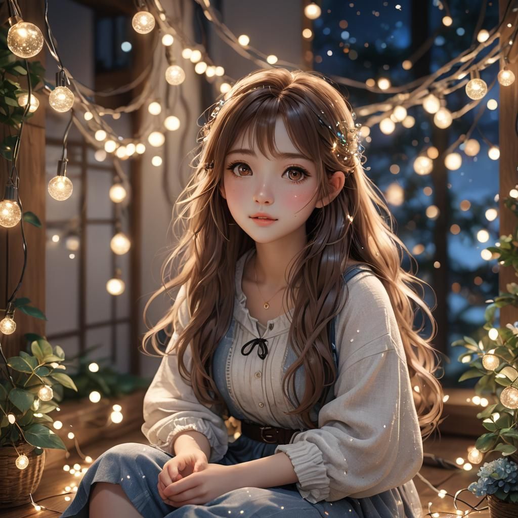 Anime Girl with Oil Hair Under Fairy Lights