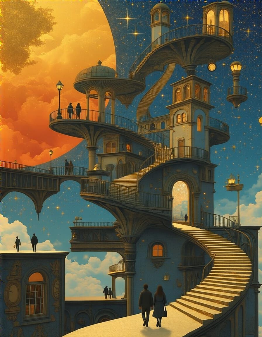 Surreal Golden Sunset with Escher-Inspired Staircase
