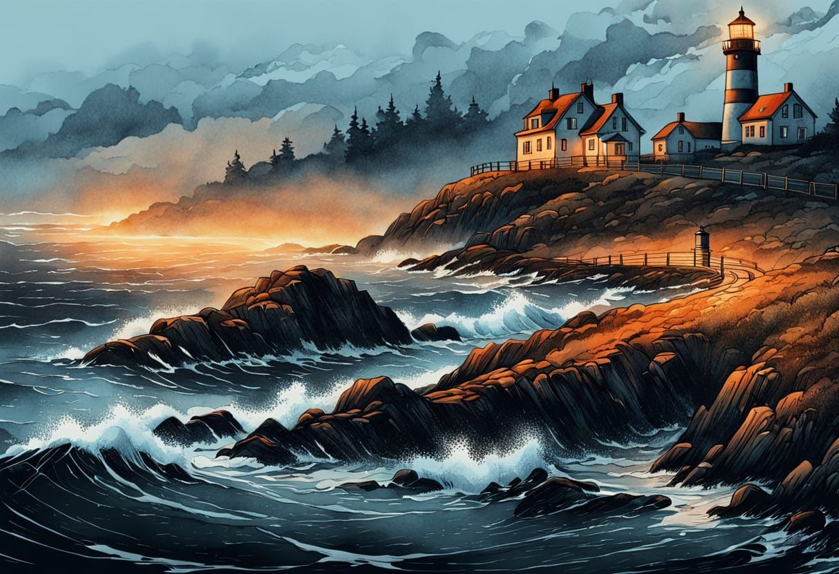 Lighthouse in Etched Ink Illustration Style