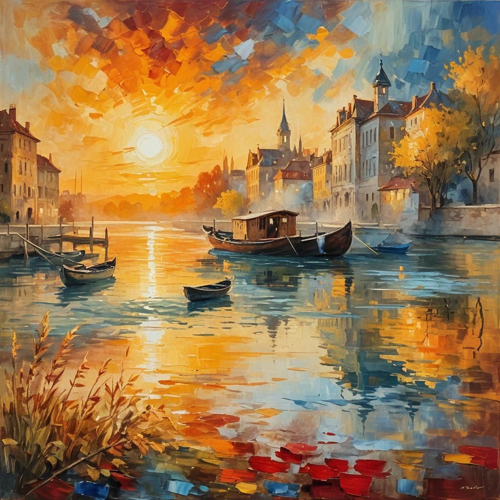Impressionistic Cityscape Oil Painting at Sunset