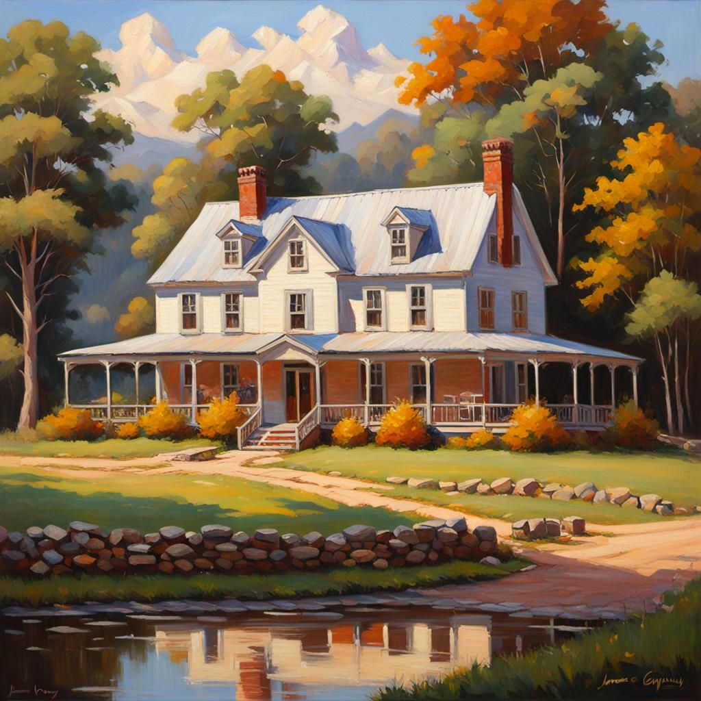 Idyllic Ranch Estate: Oil Painting