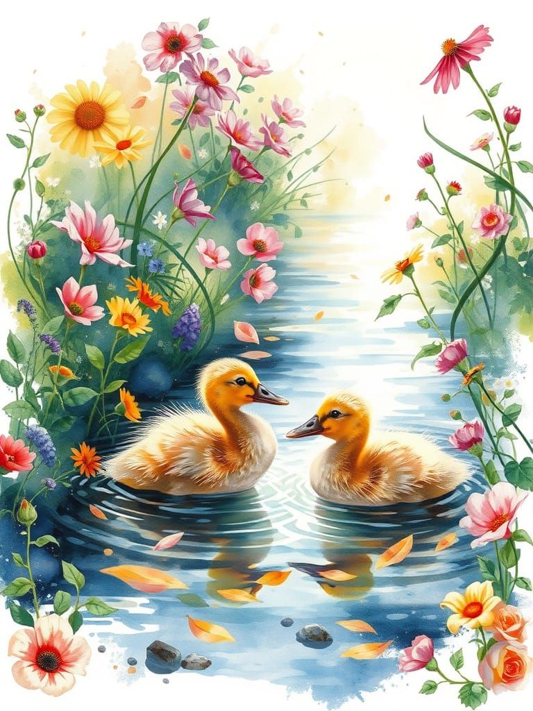 Vibrant Duckling Garden Scene in Whimsical Watercolor