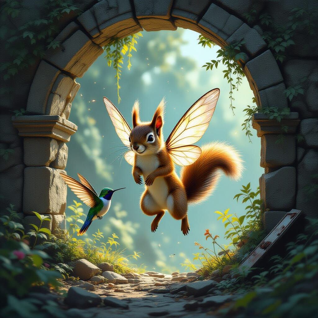 Winged Squirrel Leaps Through Fantasy Ruins