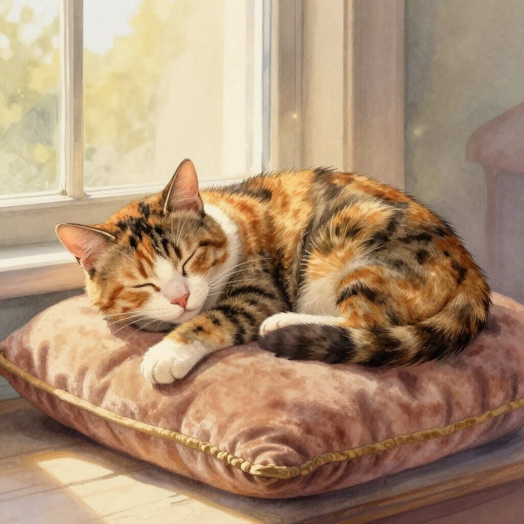 Peaceful Tortoiseshell Cat Napping on Velvet Cushion