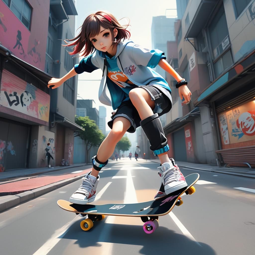 Anime Girl Doll Skateboarder Kickflip in 3D