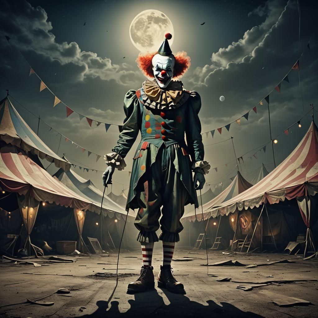 Creepy Clown in Abandoned Circus: Surreal Nightmare