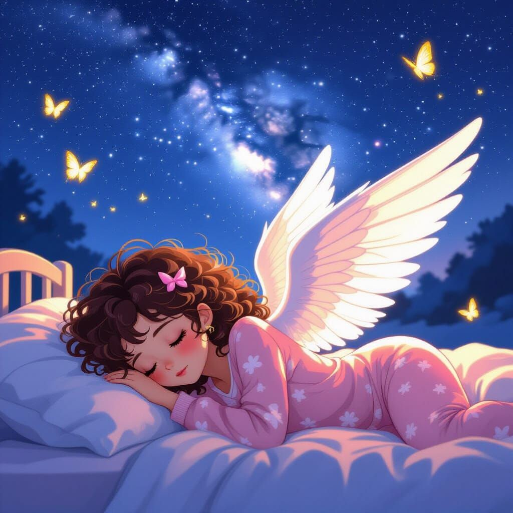 Anime Girl with Wings in Summer Night Sky