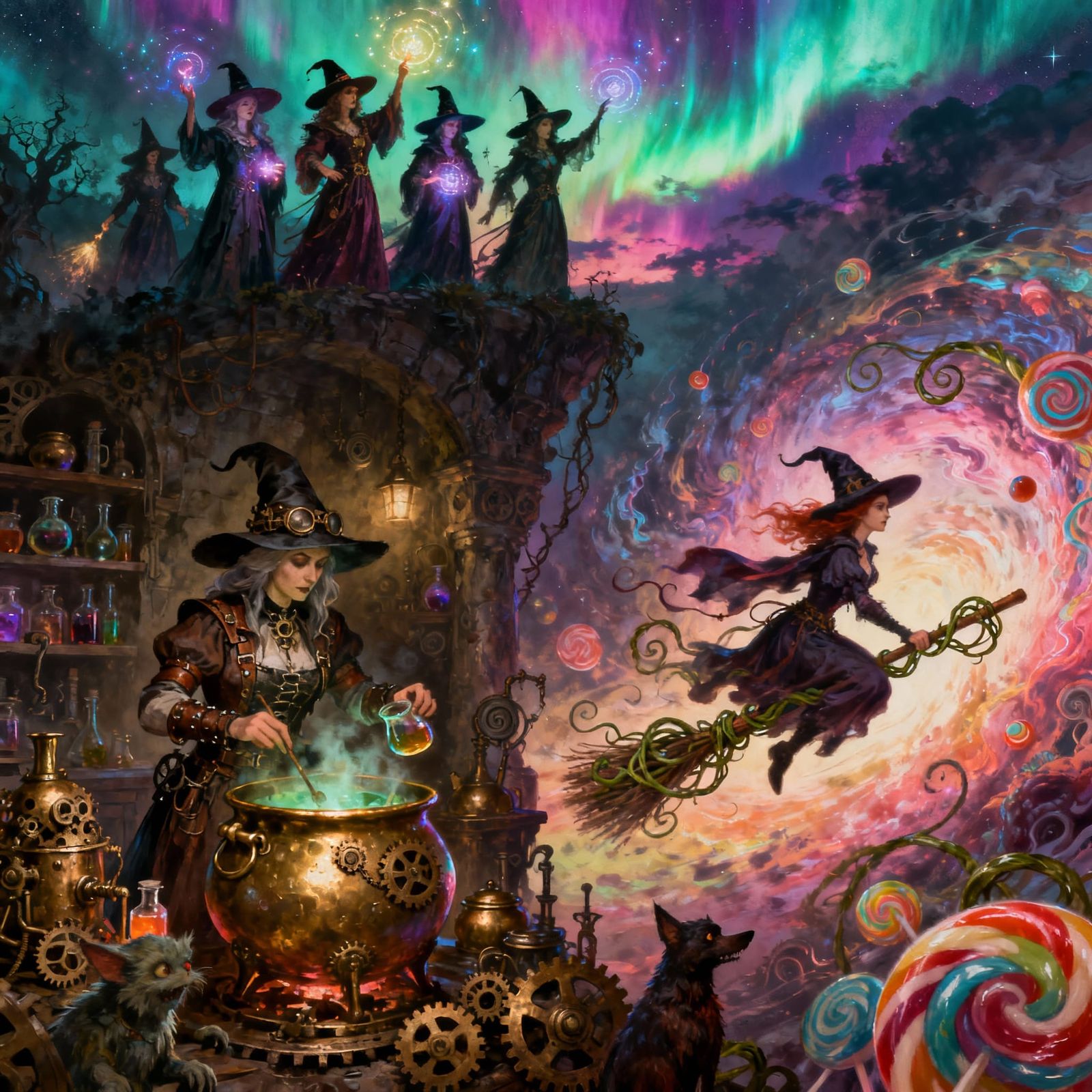 Witches Casting Spells Under Aurora and Steampunk Potions
