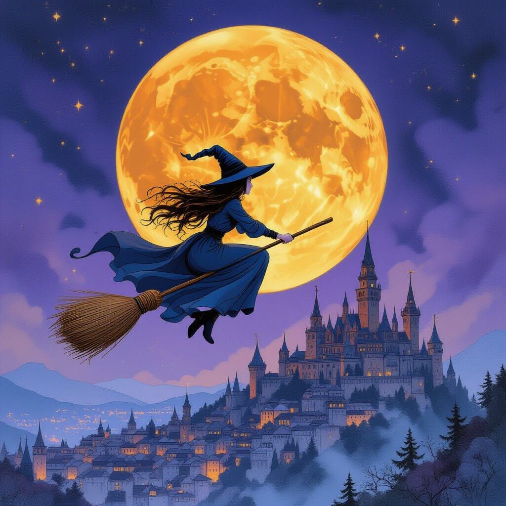 Witch Flying over Medieval City in Fantasy Art Style