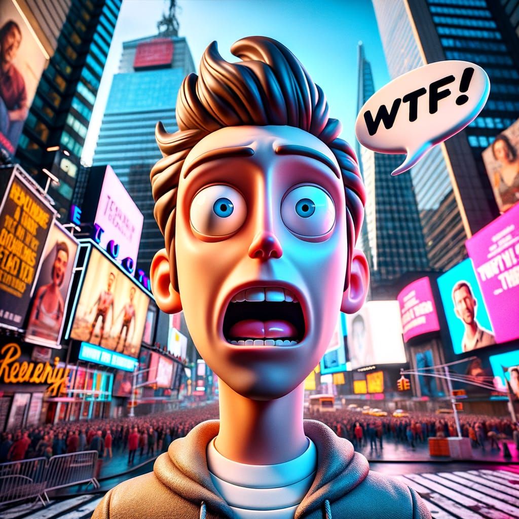 Webtoon character in hyper-realistic Times Square, shocked, speech bubble says 'WTF!'. Cartoonish character vs photoreal...