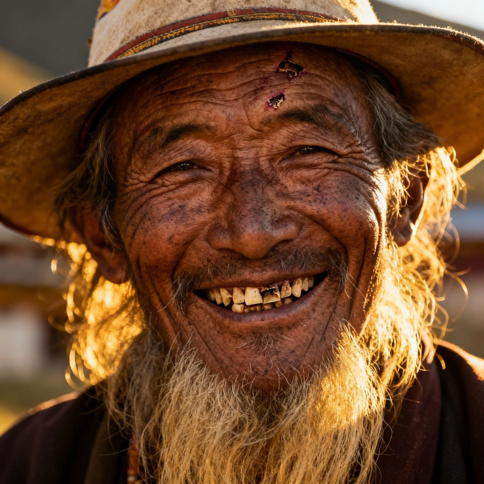Vivid Portrait of a Smiling Tibetan Elder