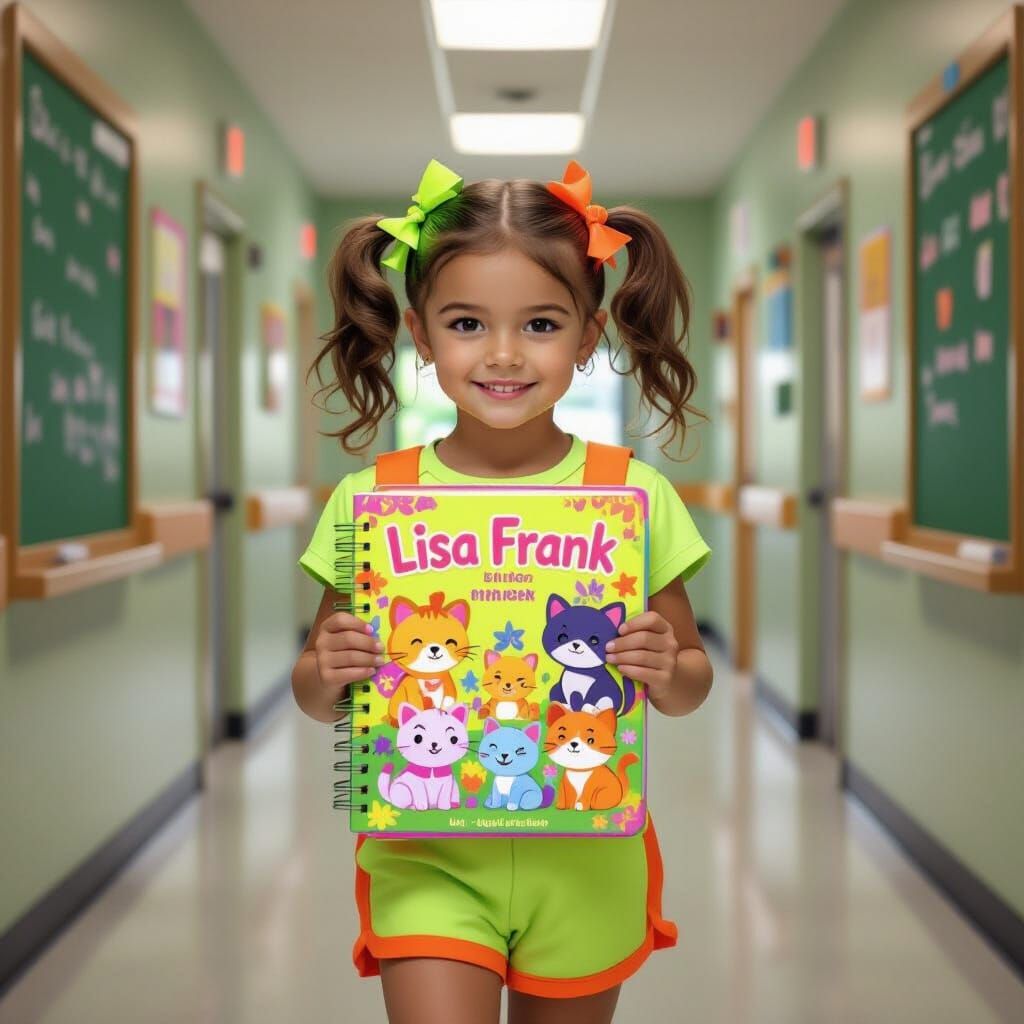 Girl with Lisa Frank Binder in 90s School Hallway