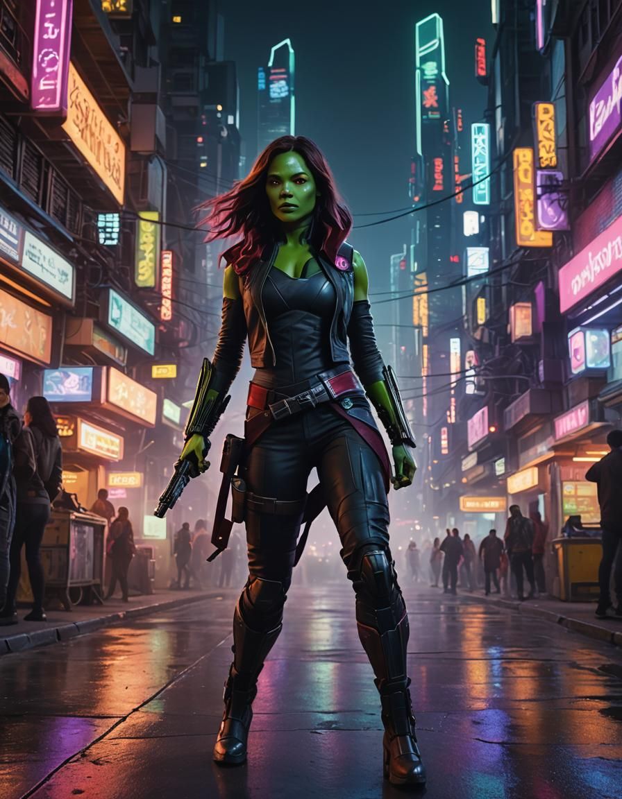 Gamora in a Neon-Lit Futuristic Cityscape