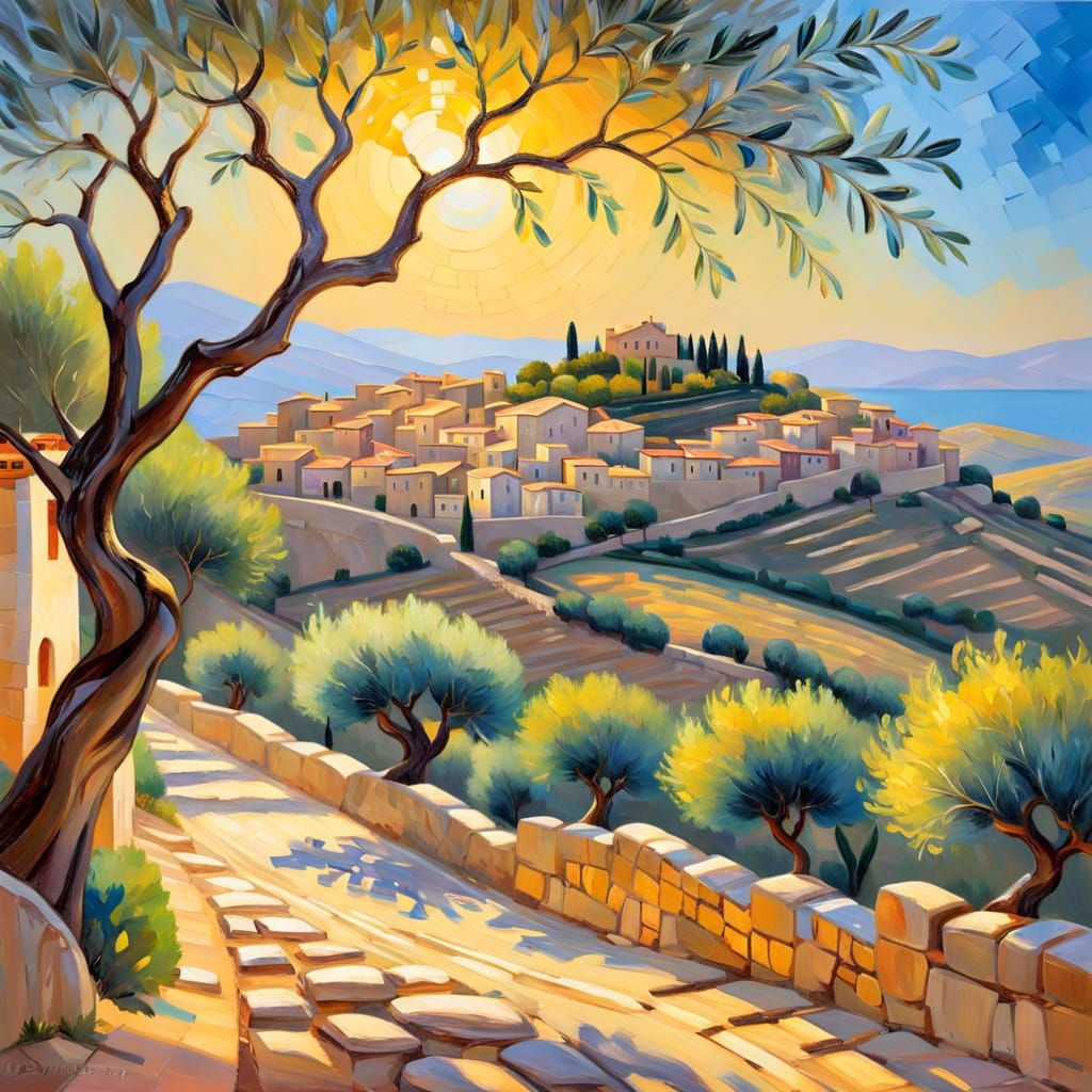Mediterranean Village in Impressionist Oil Painting