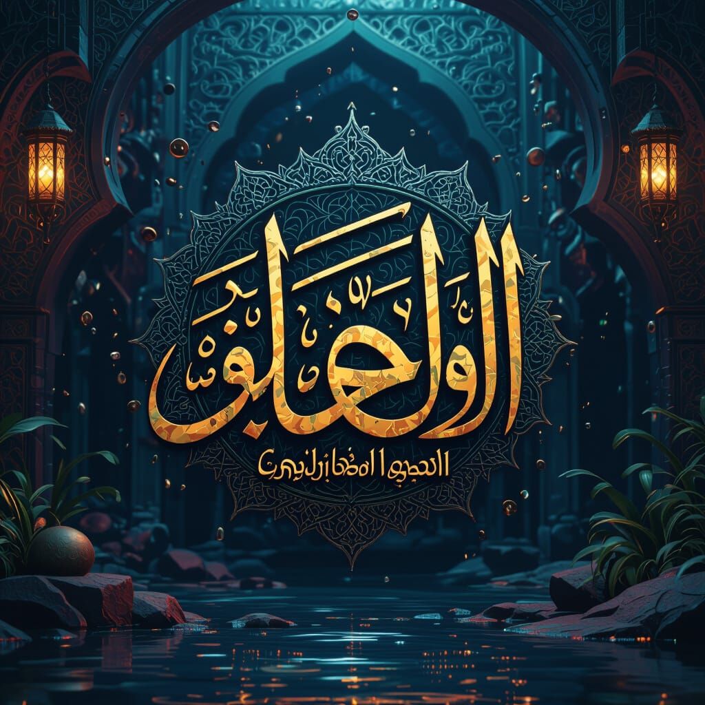 Intricate Kufic Calligraphy of "Al-Jinn" in Deep Fantasy Col...