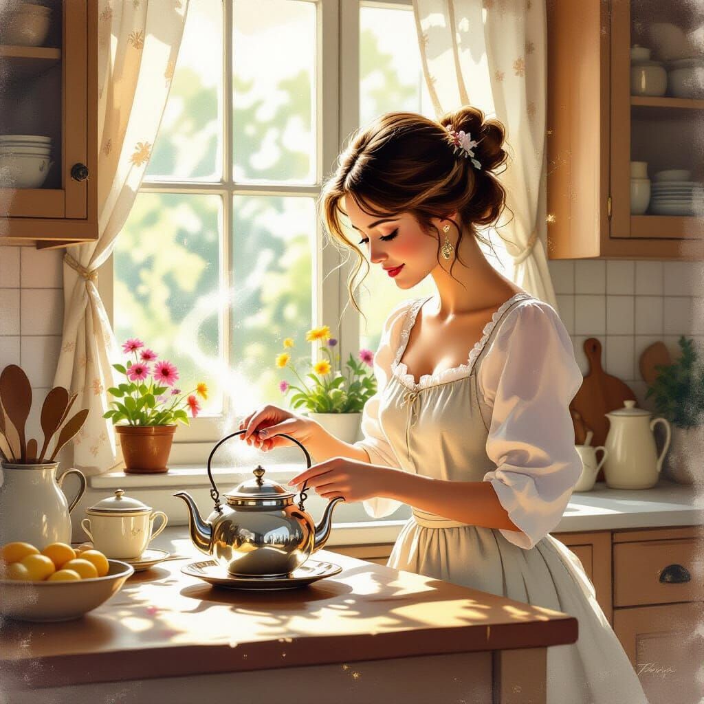 Magical Kitchen Scene: Woman Polishing Teapot with Enchanted...