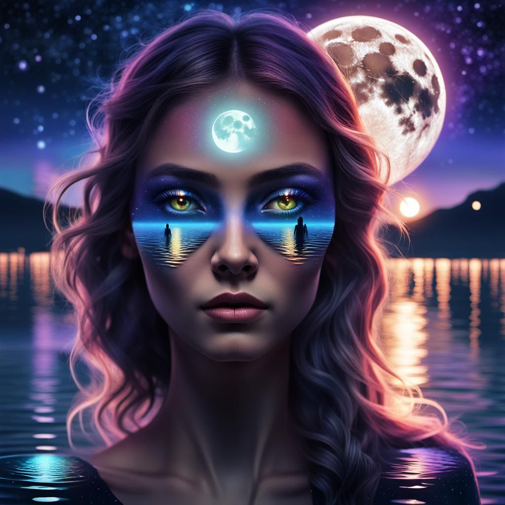 Cosmic Surrealism: Ethereal Beings Emerge from Moonlit Bay