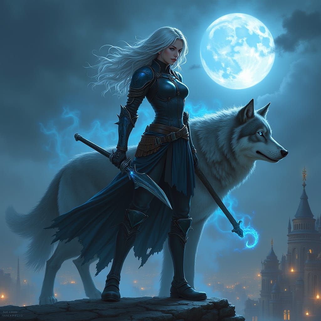 Fantasy Rogue and Wolf on Moonlit Rooftop