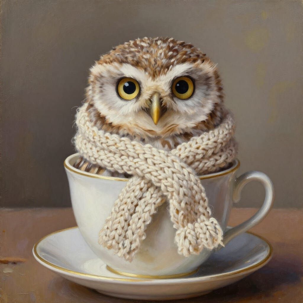 Baby Owl in Knitted Scarf Sits in Teacup