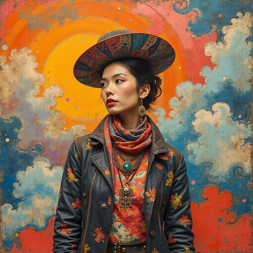 Eclectic Woman in Surreal Abstract Landscape