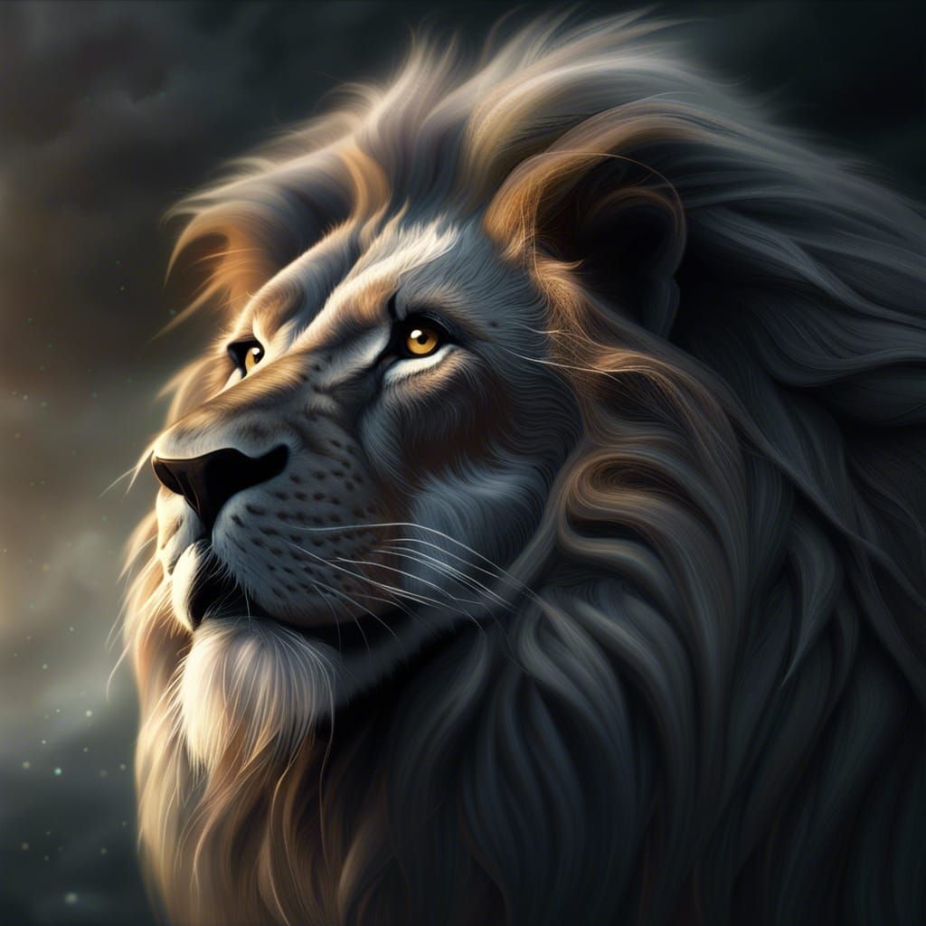 Majestic Lion with Flowing Mane in Gold and Grey