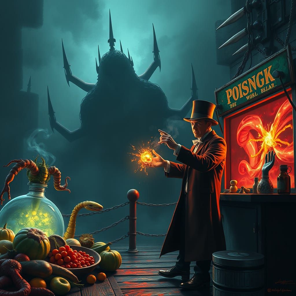 Magician Performs Illusion Among Mutated Foods in Dark Fanta...