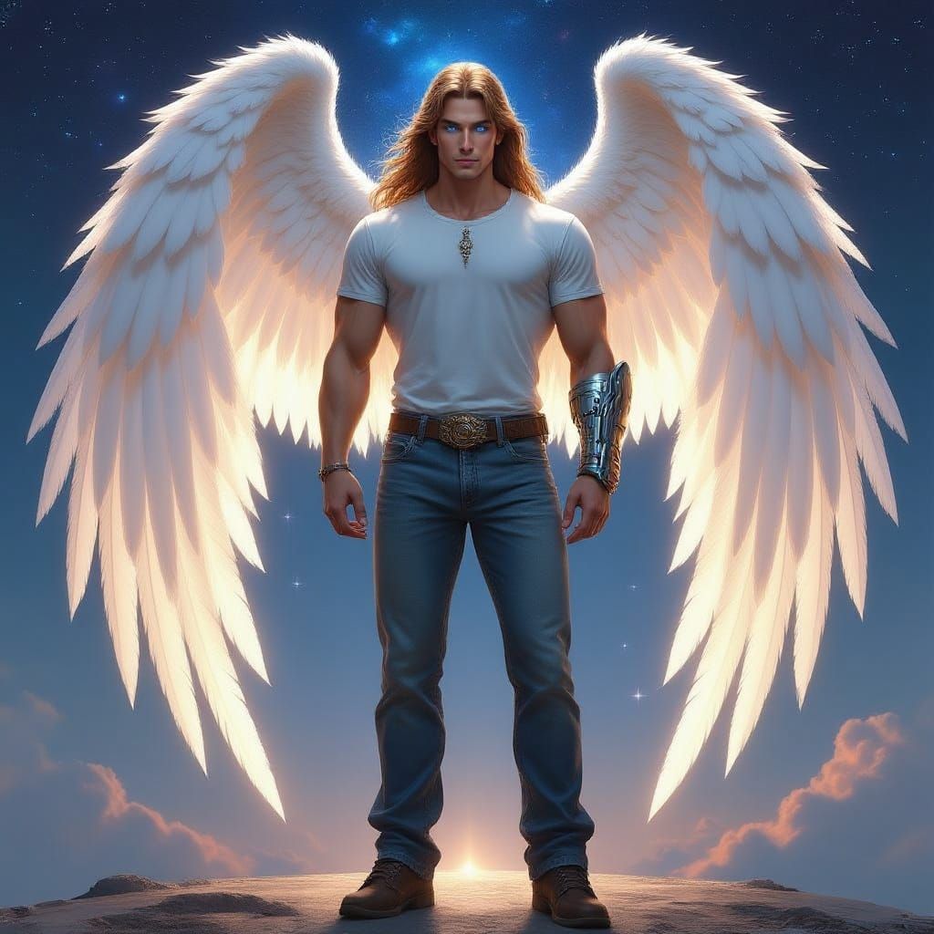 Cyberpunk Angel Warrior in Starry Night Sky