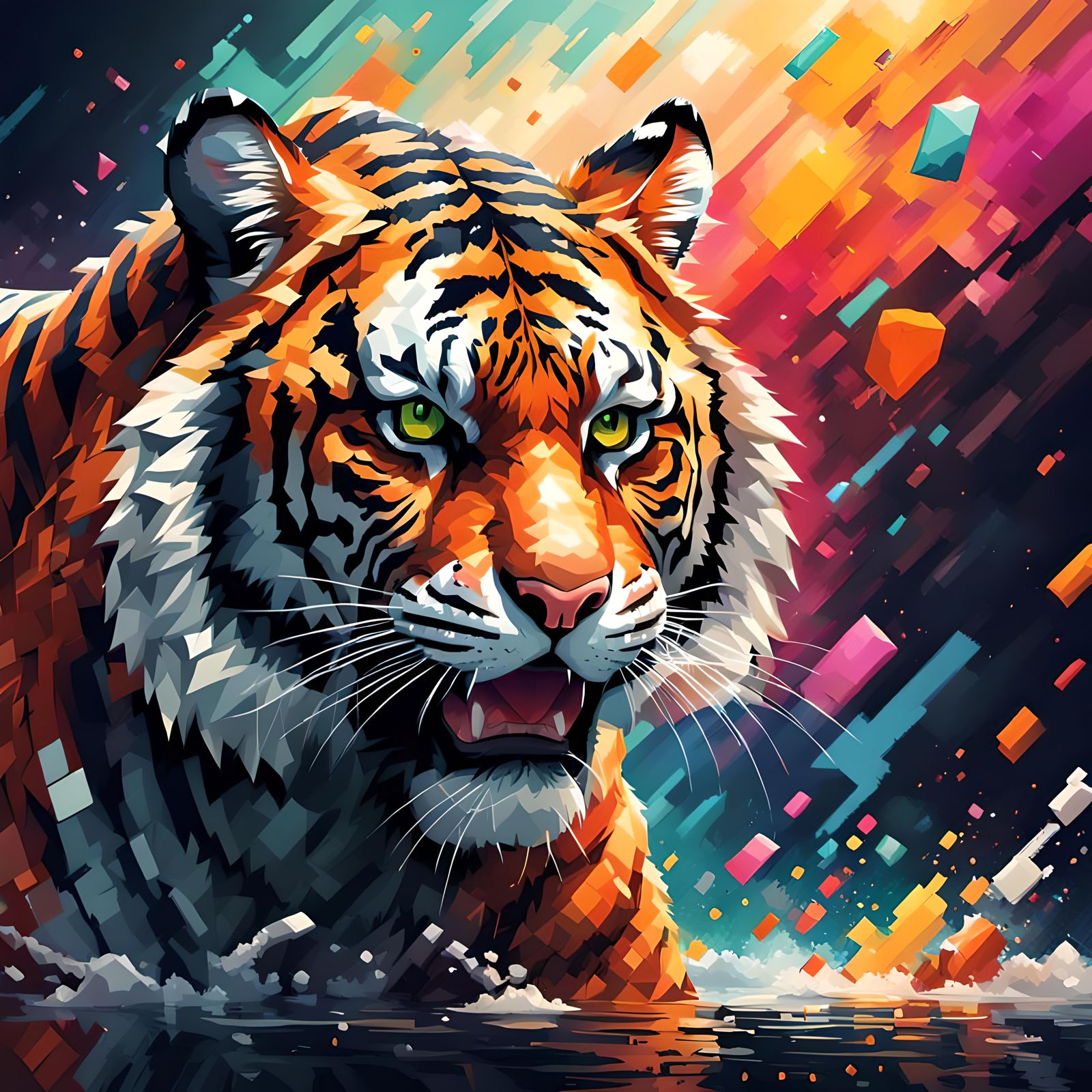 Hyperrealistic Pixelated Tiger Splash Art
