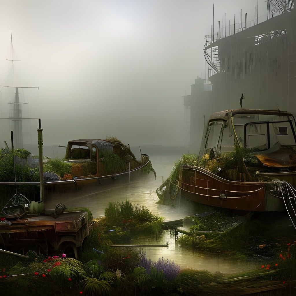 Isometric Post-Apocalyptic Seaport in Dense Fog