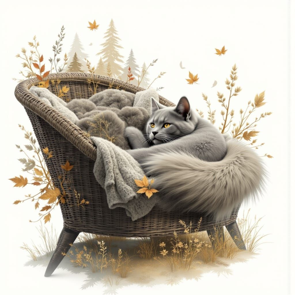 Double Exposure of Cat and Autumn Forest