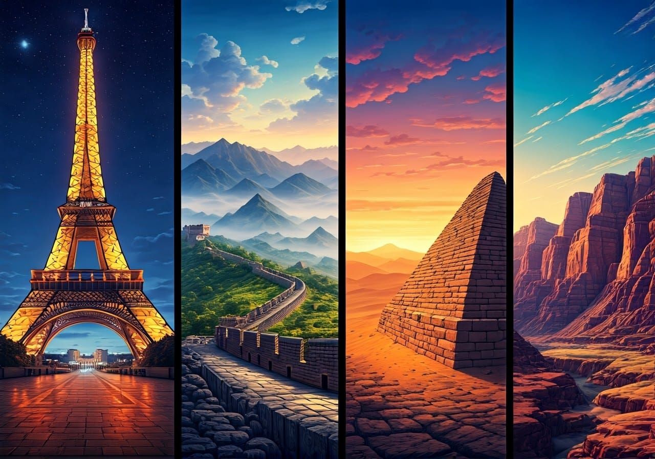 Four-Panel Masterpiece: Iconic Landmarks from Around the Wor...