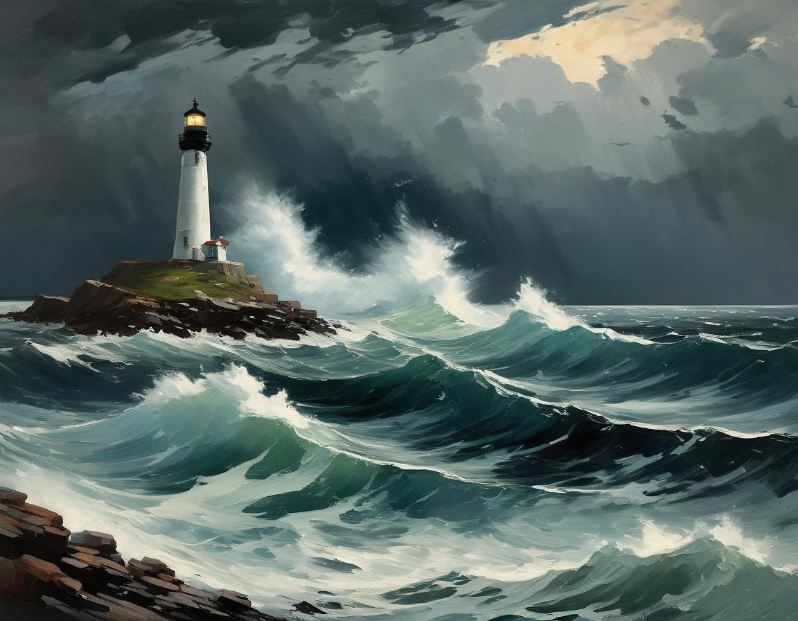 Lighthouse Against Stormy Sea: Dramatic Oil Seascape