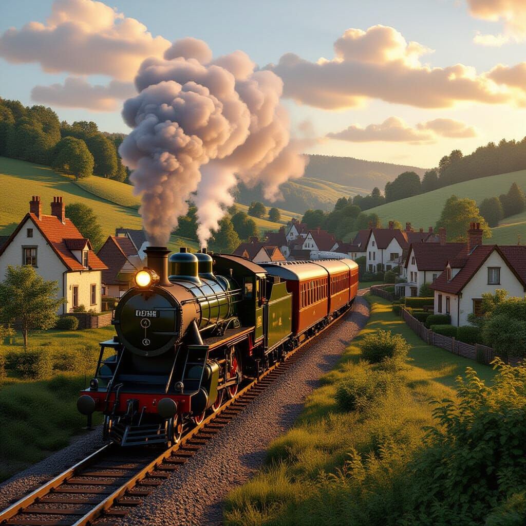 Steam Train Winds Through Idyllic Village at Golden Hour