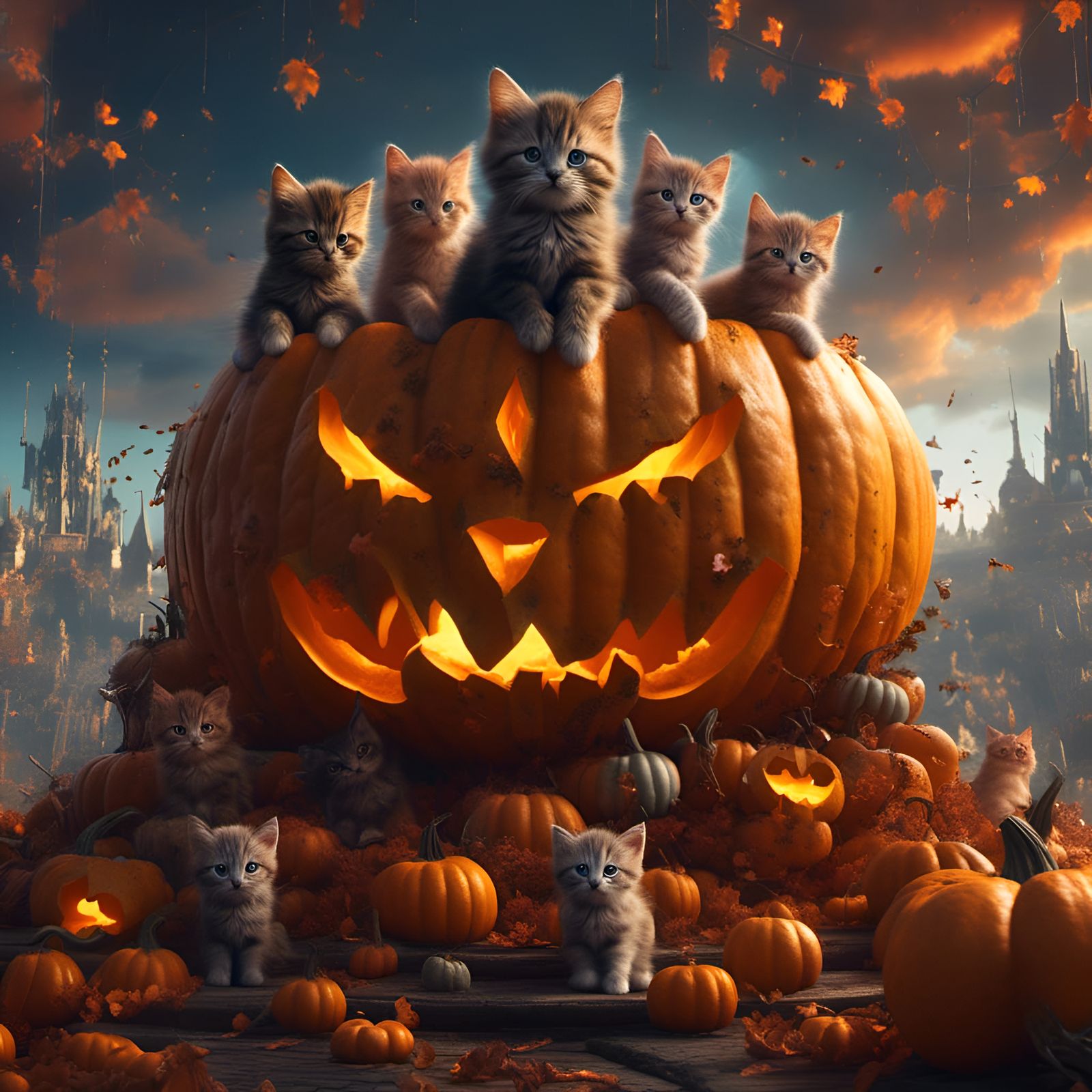 Kittens Surround Pumpkin in Detailed Matte Painting